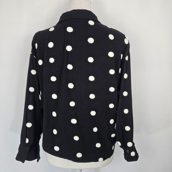 Zara Black Button Up Embroidered Pom Pom Polka Dot Collared Dolman Sleeve Top XS - Picture 6 of 14